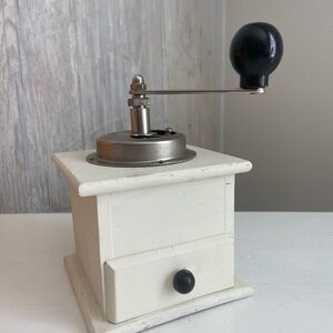 Vintage White Coffee Grinder with Black Accents
